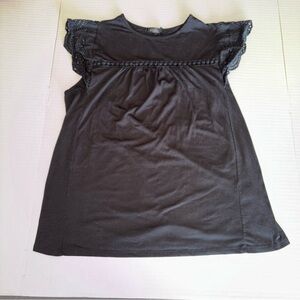 Black Lace-Trim Flutter Sleeve Blouse - Women